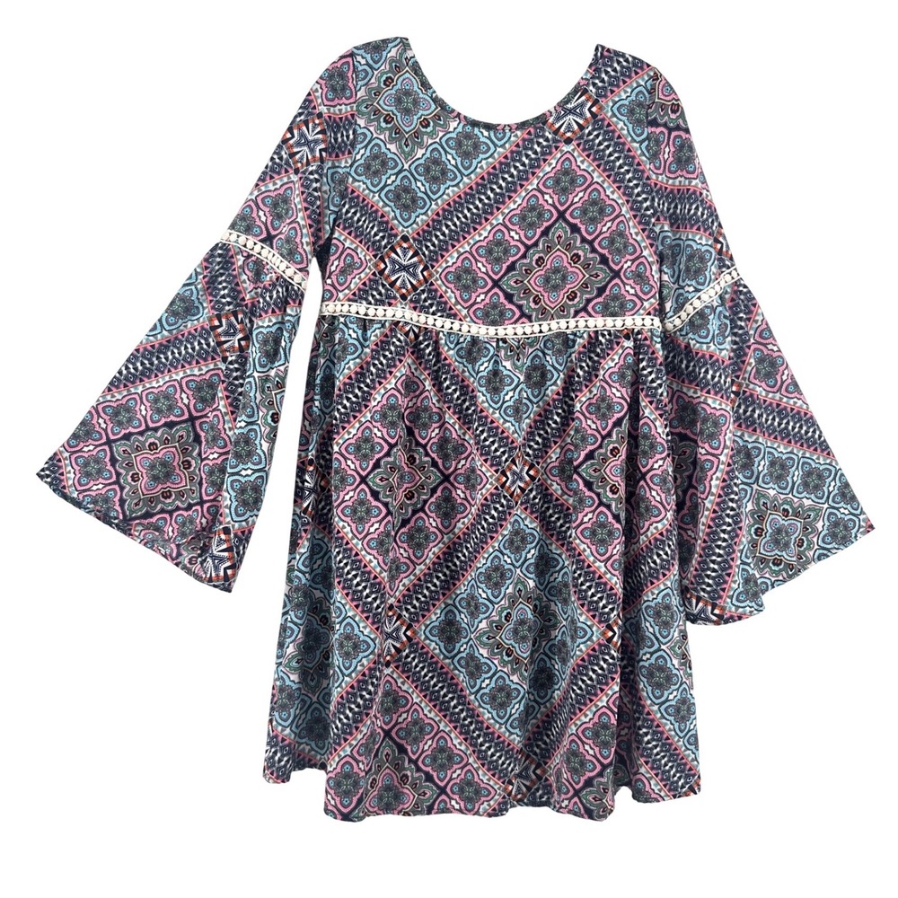 Altar'd State Womens Blue Pink Geometric Bell Sleeve Boho Mini Dress M Festival - Picture 1 of 11